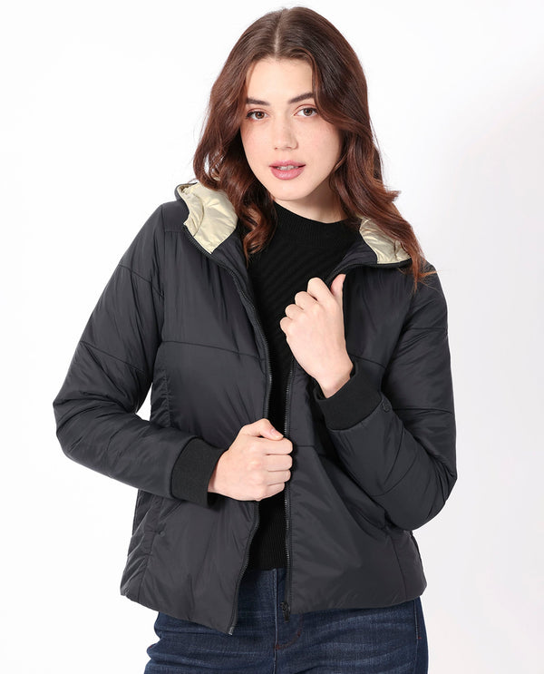 Rareism Women Glasha Hls Black Polyester Fabric Full Sleeves Solid Hooded Jacket