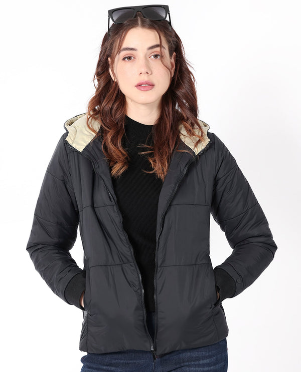 Rareism Women Glasha Hls Black Polyester Fabric Full Sleeves Solid Hooded Jacket
