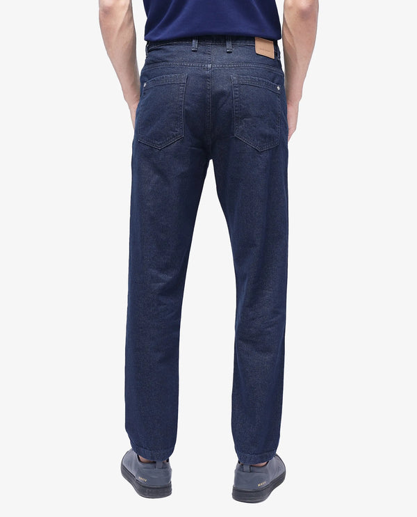 Rare Rabbit Men Gleb Dark Blue Cotton Fabric Mid Rise Carrot Fit Mid Wash Plain Denim Trousers