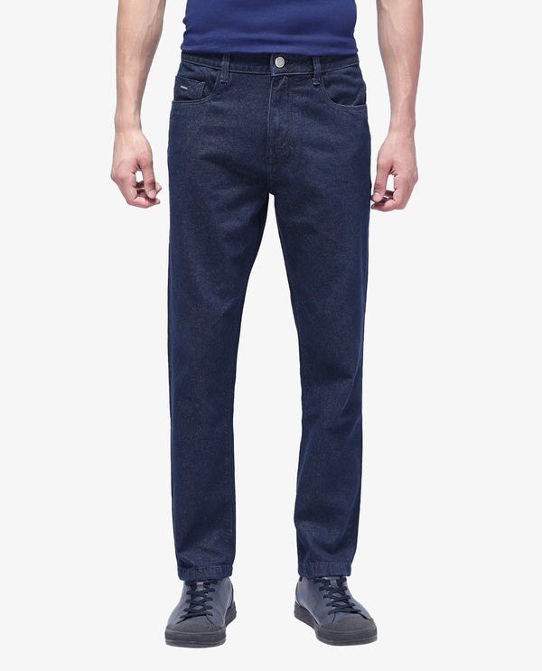 Rare Rabbit Men Gleb Dark Blue Cotton Fabric Mid Rise Carrot Fit Mid Wash Plain Denim Trousers