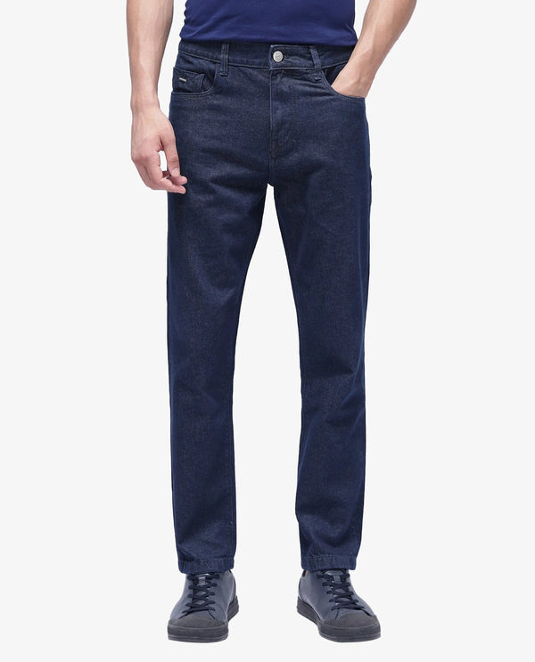 Rare Rabbit Men Gleb Dark Blue Cotton Fabric Mid Rise Carrot Fit Mid Wash Plain Denim Trousers