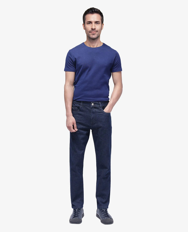 Rare Rabbit Men Gleb Dark Blue Cotton Fabric Mid Rise Carrot Fit Mid Wash Plain Denim Trousers