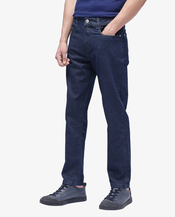 Rare Rabbit Men Gleb Dark Blue Cotton Fabric Mid Rise Carrot Fit Mid Wash Plain Denim Trousers