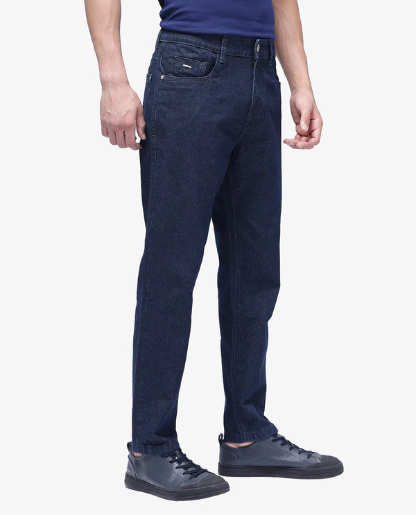 Rare Rabbit Men Gleb Dark Blue Cotton Fabric Mid Rise Carrot Fit Mid Wash Plain Denim Trousers