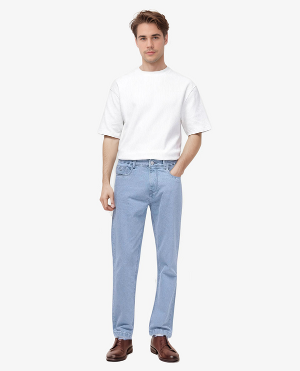 Rare Rabbit Men Gleb Light Blue Cotton Fabric Mid Rise Carrot Fit Mid Wash Plain Denim Trousers