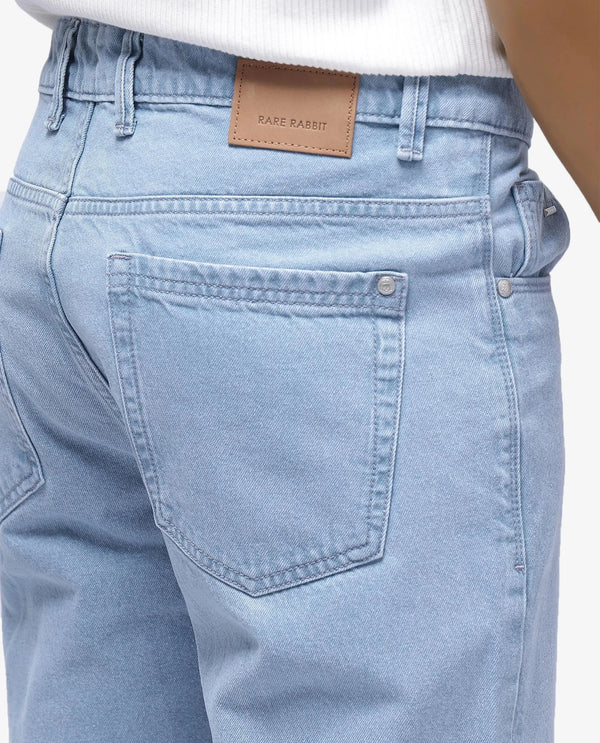 Rare Rabbit Men Gleb Light Blue Cotton Fabric Mid Rise Carrot Fit Mid Wash Plain Denim Trousers