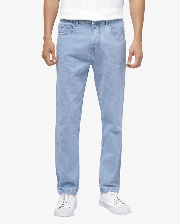 Rare Rabbit Men Gleb Light Blue Cotton Fabric Mid Rise Carrot Fit Mid Wash Plain Denim Trousers