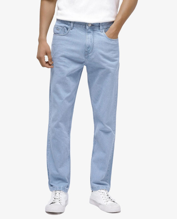 Rare Rabbit Men Gleb Light Blue Cotton Fabric Mid Rise Carrot Fit Mid Wash Plain Denim Trousers