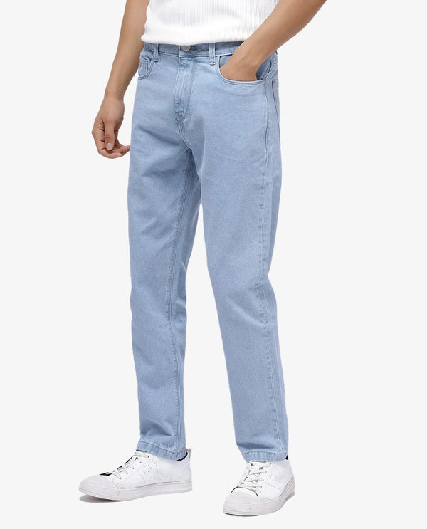 Rare Rabbit Men Gleb Light Blue Cotton Fabric Mid Rise Carrot Fit Mid Wash Plain Denim Trousers