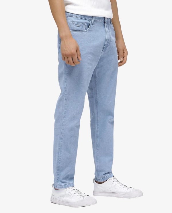 Rare Rabbit Men Gleb Light Blue Cotton Fabric Mid Rise Carrot Fit Mid Wash Plain Denim Trousers
