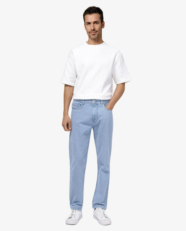 Rare Rabbit Men Gleb Light Blue Cotton Fabric Mid Rise Carrot Fit Mid Wash Plain Denim Trousers