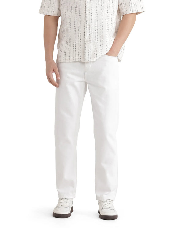 Rare Rabbit Men Gleb White Cotton Fabric Carrot Fit Plain Denim Pant