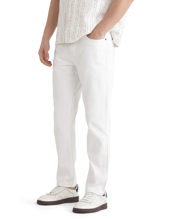 Rare Rabbit Men Gleb White Cotton Fabric Carrot Fit Plain Denim Pant