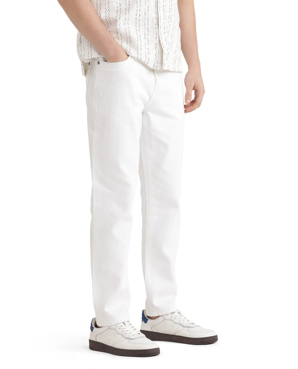 Rare Rabbit Men Gleb White Cotton Fabric Carrot Fit Plain Denim Pant