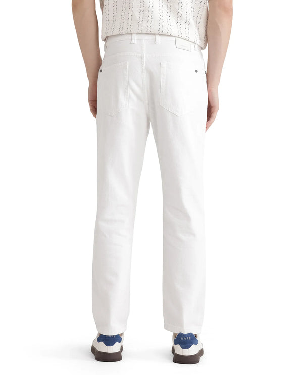 Rare Rabbit Men Gleb White Cotton Fabric Carrot Fit Plain Denim Pant
