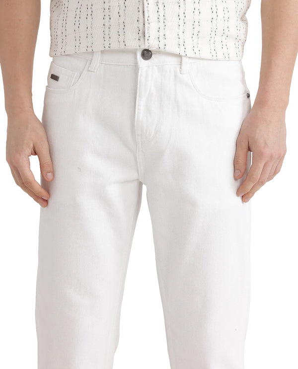 Rare Rabbit Men Gleb White Cotton Fabric Carrot Fit Plain Denim Pant