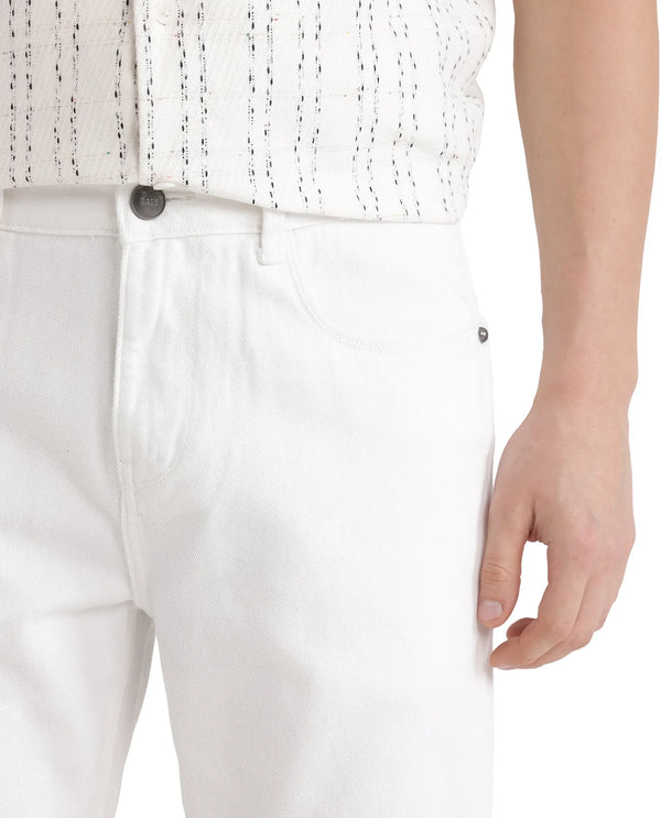 Rare Rabbit Men Gleb White Cotton Fabric Carrot Fit Plain Denim Pant