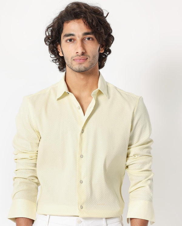 Rare Rabbit Men's Gleny Yellow Cotton Polyester Fabric Full Sleeves Dobby Shirt