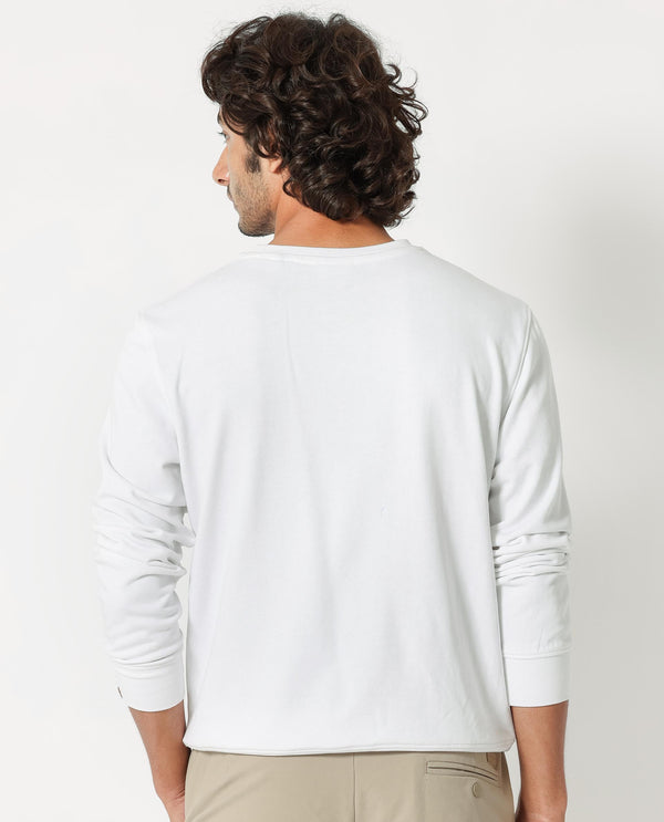 Rare Rabbit Men's Glitch White Cotton Polyester Fabric Full Sleeves Solid Knitted Sweatshirt