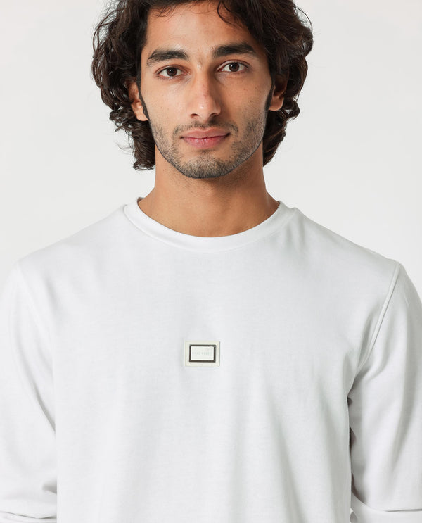 Rare Rabbit Men's Glitch White Cotton Polyester Fabric Full Sleeves Solid Knitted Sweatshirt