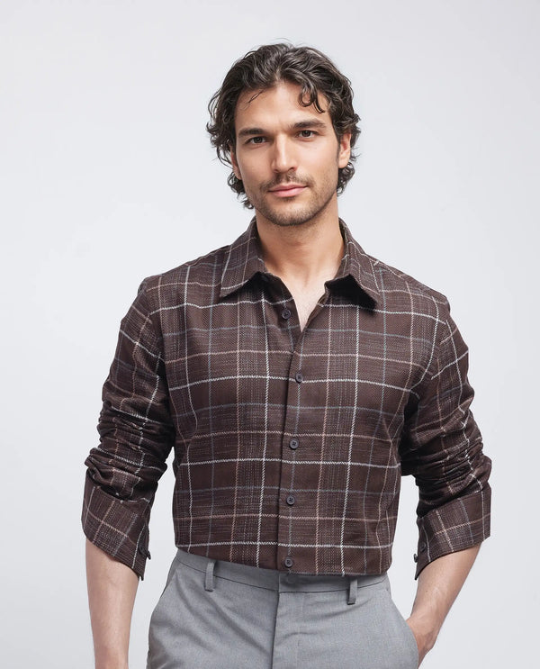 Rare Rabbit Men's Glofnik Dark Brown Cotton Fabric Full Sleeve Collared Neck Button Closure Printed Shirt