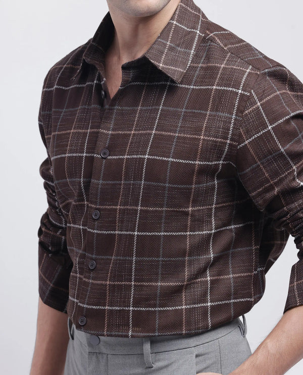Rare Rabbit Men's Glofnik Dark Brown Cotton Fabric Full Sleeve Collared Neck Button Closure Printed Shirt
