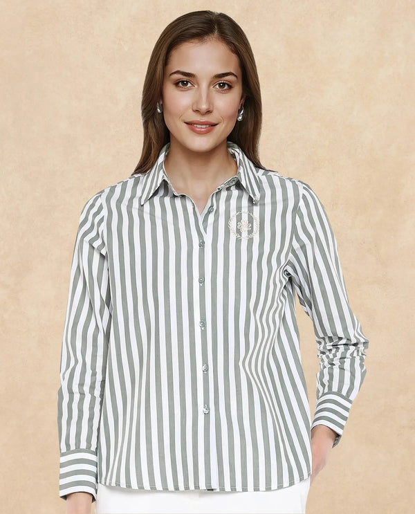 Rareism Women Gloop Green Cuffed Sleeves Collared Neck Button Closure Narrow Stripes Shirt