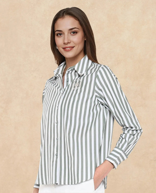 Rareism Women Gloop Green Cuffed Sleeves Collared Neck Button Closure Narrow Stripes Shirt