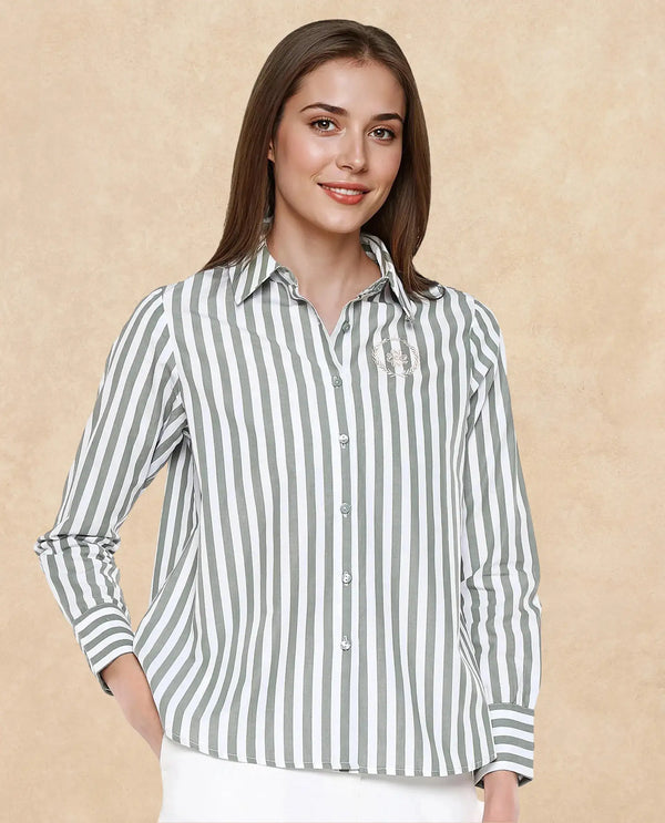 Rareism Women Gloop Green Cuffed Sleeves Collared Neck Button Closure Narrow Stripes Shirt
