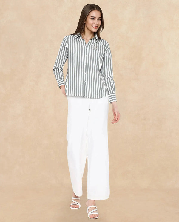 Rareism Women Gloop Green Cuffed Sleeves Collared Neck Button Closure Narrow Stripes Shirt