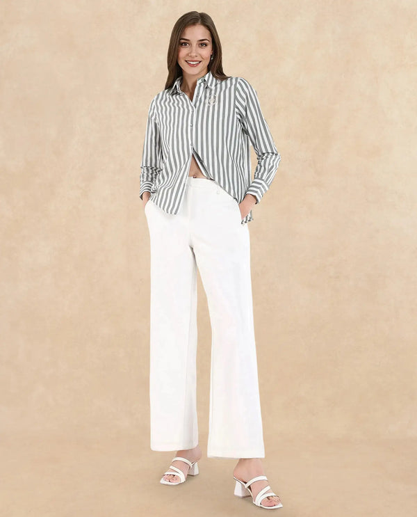 Rareism Women Gloop Green Cuffed Sleeves Collared Neck Button Closure Narrow Stripes Shirt