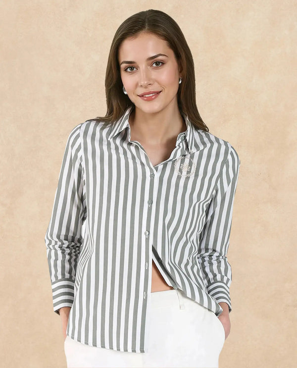 Rareism Women Gloop Green Cuffed Sleeves Collared Neck Button Closure Narrow Stripes Shirt