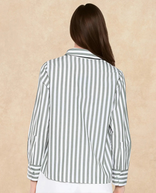 Rareism Women Gloop Green Cuffed Sleeves Collared Neck Button Closure Narrow Stripes Shirt