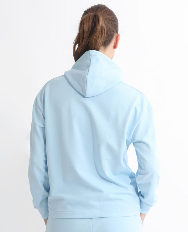 Rareism Articale Women Golder Light Blue Poly Cotton Fabric Full Sleeves Hooded Regular Fit Embroidered Sweatshirt