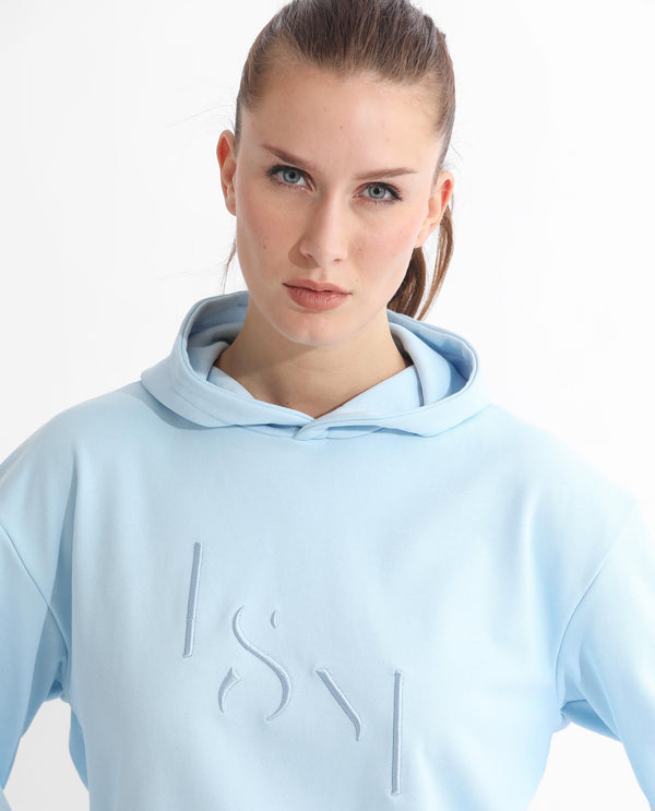 Rareism Articale Women Golder Light Blue Poly Cotton Fabric Full Sleeves Hooded Regular Fit Embroidered Sweatshirt