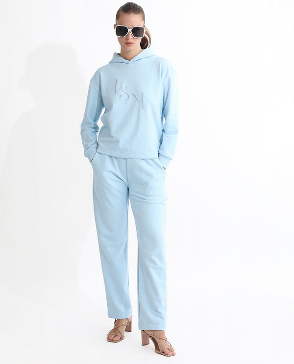 Rareism Articale Women Golder Light Blue Poly Cotton Fabric Full Sleeves Hooded Regular Fit Embroidered Sweatshirt