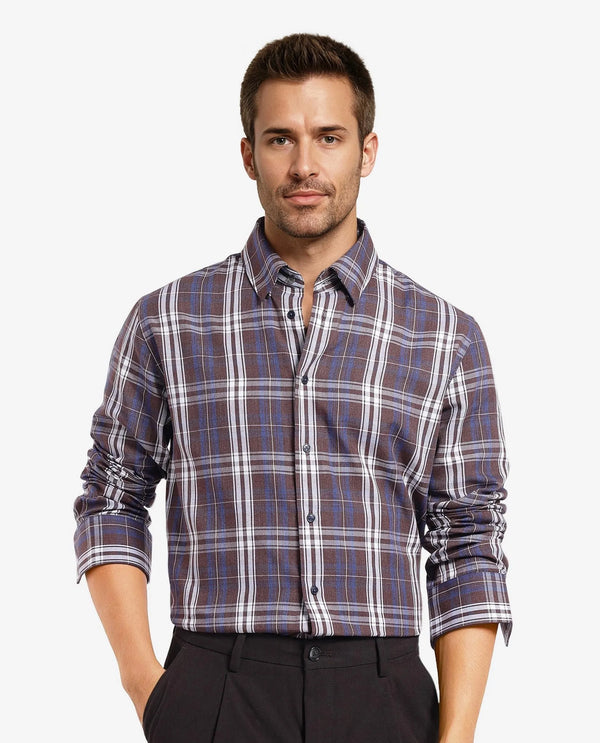 Rare Rabbit Men's Golk Brown Cotton Fabric Full Sleeve Regular Fit Checks Shirt