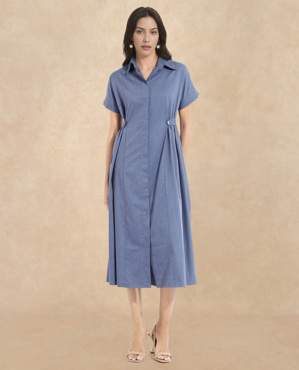 Rareism Women Comatch Dark Blue Extended Sleeves Collared Neck Button Closure Fit And Flare Midi Plain Dress