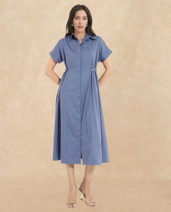 Rareism Women Comatch Dark Blue Extended Sleeves Collared Neck Button Closure Fit And Flare Midi Plain Dress