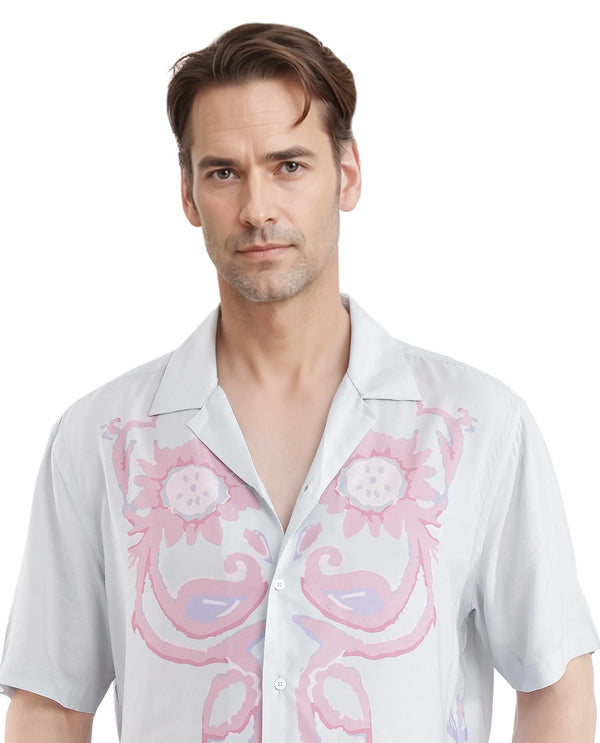 Rare Rabbit Men's Gome Light Blue Viscose Fabric Short Sleeve Cuban Collared Boxy Fit Floral Printed Shirt