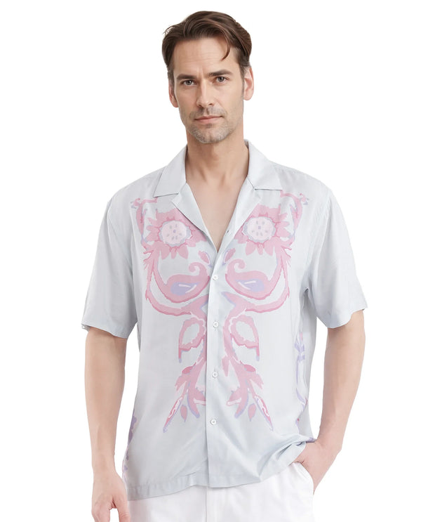 Rare Rabbit Men's Gome Light Blue Viscose Fabric Short Sleeve Cuban Collared Boxy Fit Floral Printed Shirt