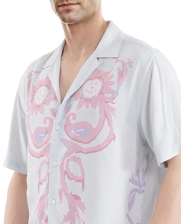 Rare Rabbit Men's Gome Light Blue Viscose Fabric Short Sleeve Cuban Collared Boxy Fit Floral Printed Shirt