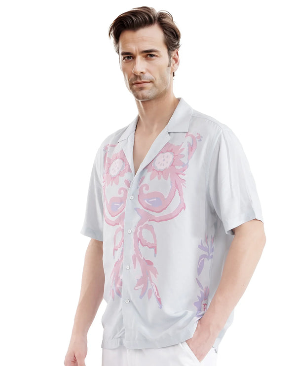 Rare Rabbit Men's Gome Light Blue Viscose Fabric Short Sleeve Cuban Collared Boxy Fit Floral Printed Shirt