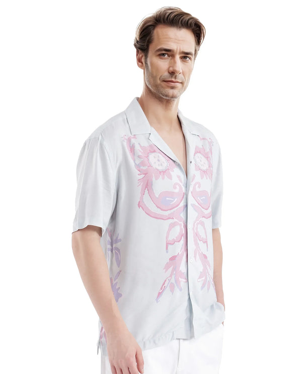 Rare Rabbit Men's Gome Light Blue Viscose Fabric Short Sleeve Cuban Collared Boxy Fit Floral Printed Shirt