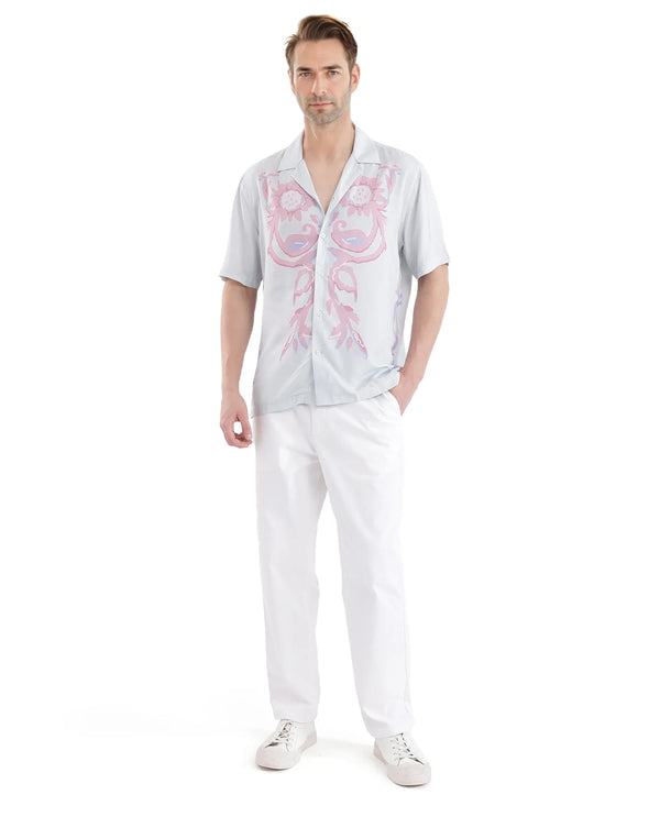 Rare Rabbit Men's Gome Light Blue Viscose Fabric Short Sleeve Cuban Collared Boxy Fit Floral Printed Shirt