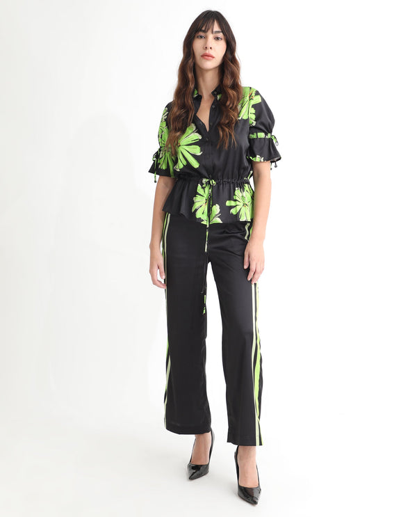 Rareism Women Gordon Black Polyester Fabric Drawstring Closure Regular Fit Striped Ankle Length Trousers