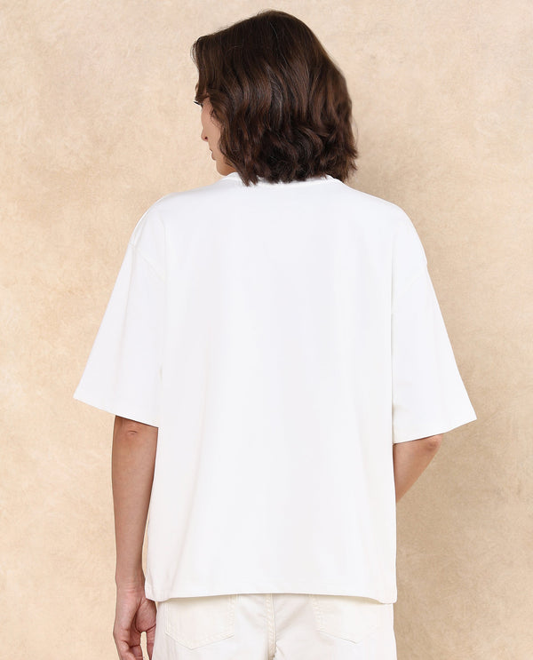 Rareism Women Grail Off White Cotton Blend Fabric Short Sleeve Crew Neck Oversized Fit Graphic Print T-Shirt