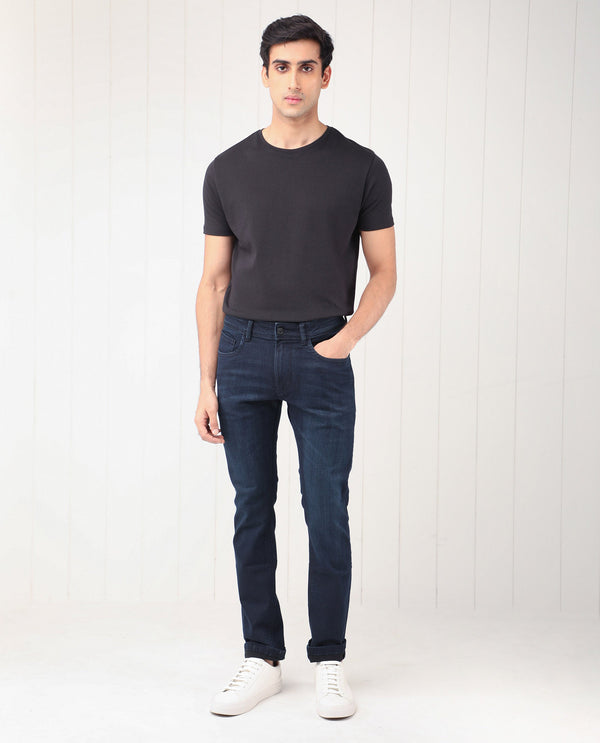 Rare Rabbit Men's Grana Blue Dark Wash Mid-Rise Slim Fit Jeans
