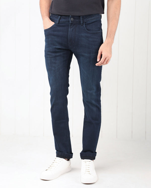 Rare Rabbit Men's Grana Blue Dark Wash Mid-Rise Slim Fit Jeans
