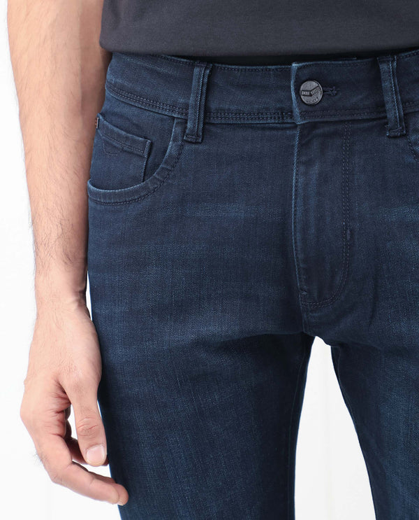 Rare Rabbit Men's Grana Blue Dark Wash Mid-Rise Slim Fit Jeans